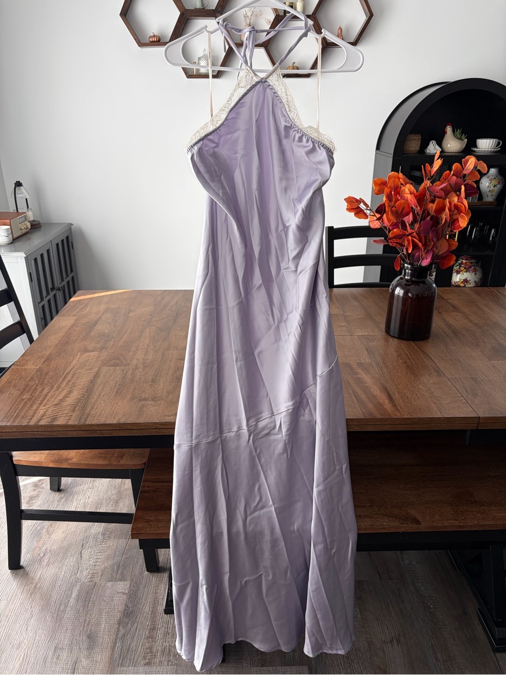 Forever 21 Lavender Satin Halter Maxi Dress with Lace Trim